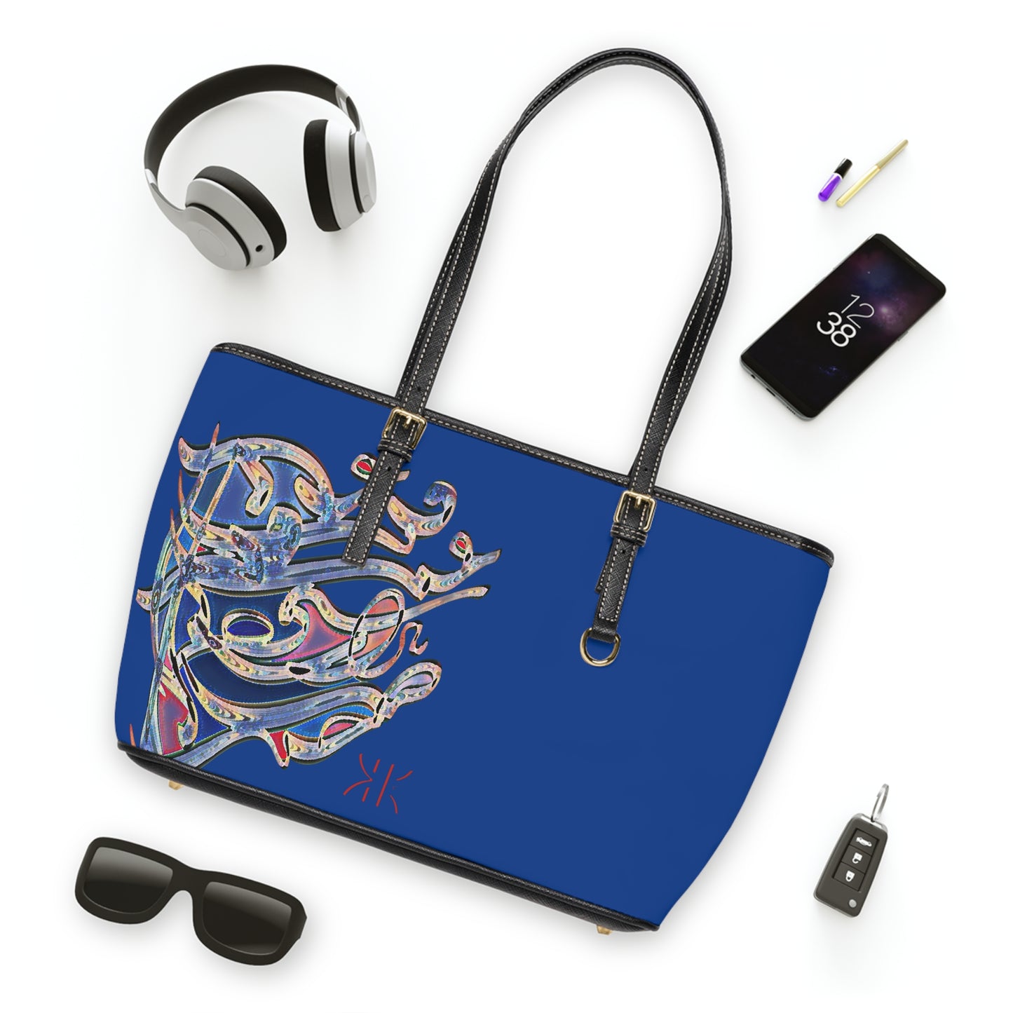 ' Elegant PU Leather Shoulder Bag with Artistic Calligraphy Design