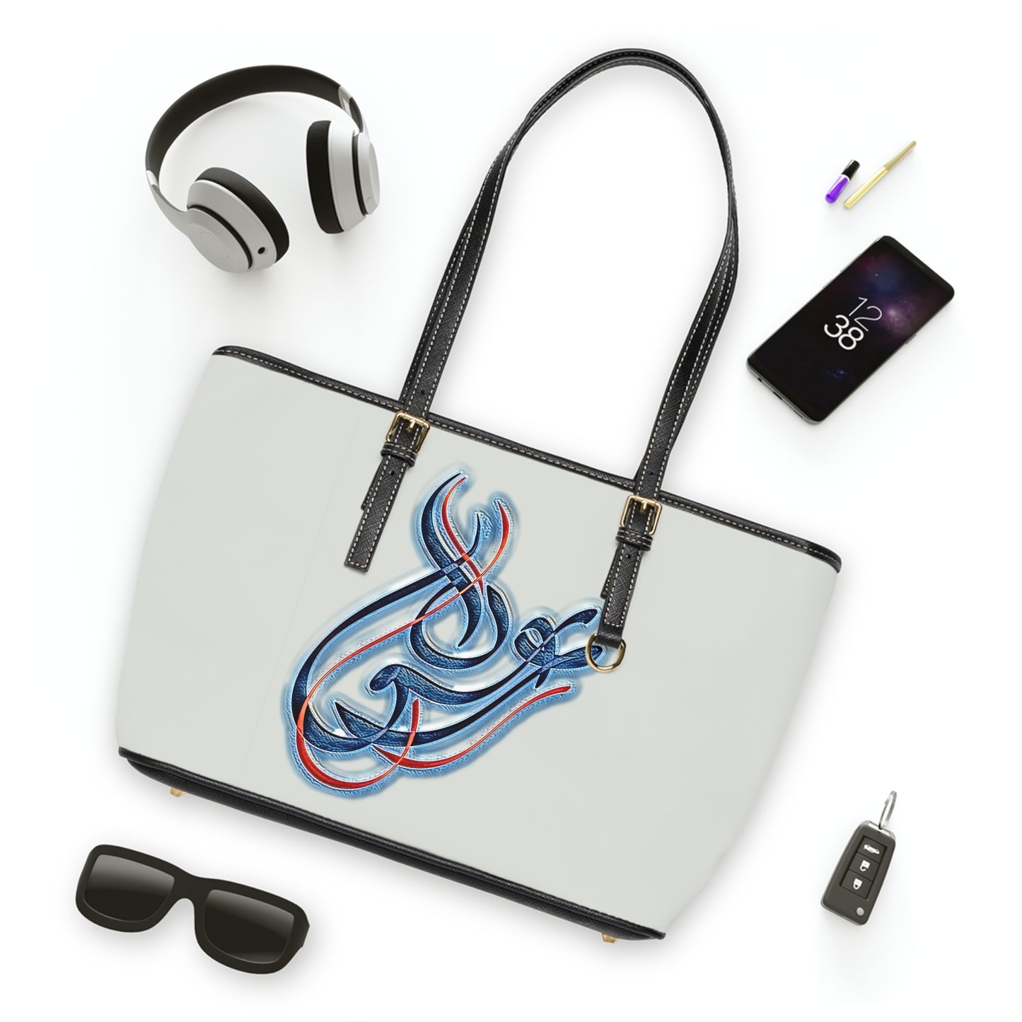 Elegant PU Leather Shoulder Bag with Artistic Calligraphy Design