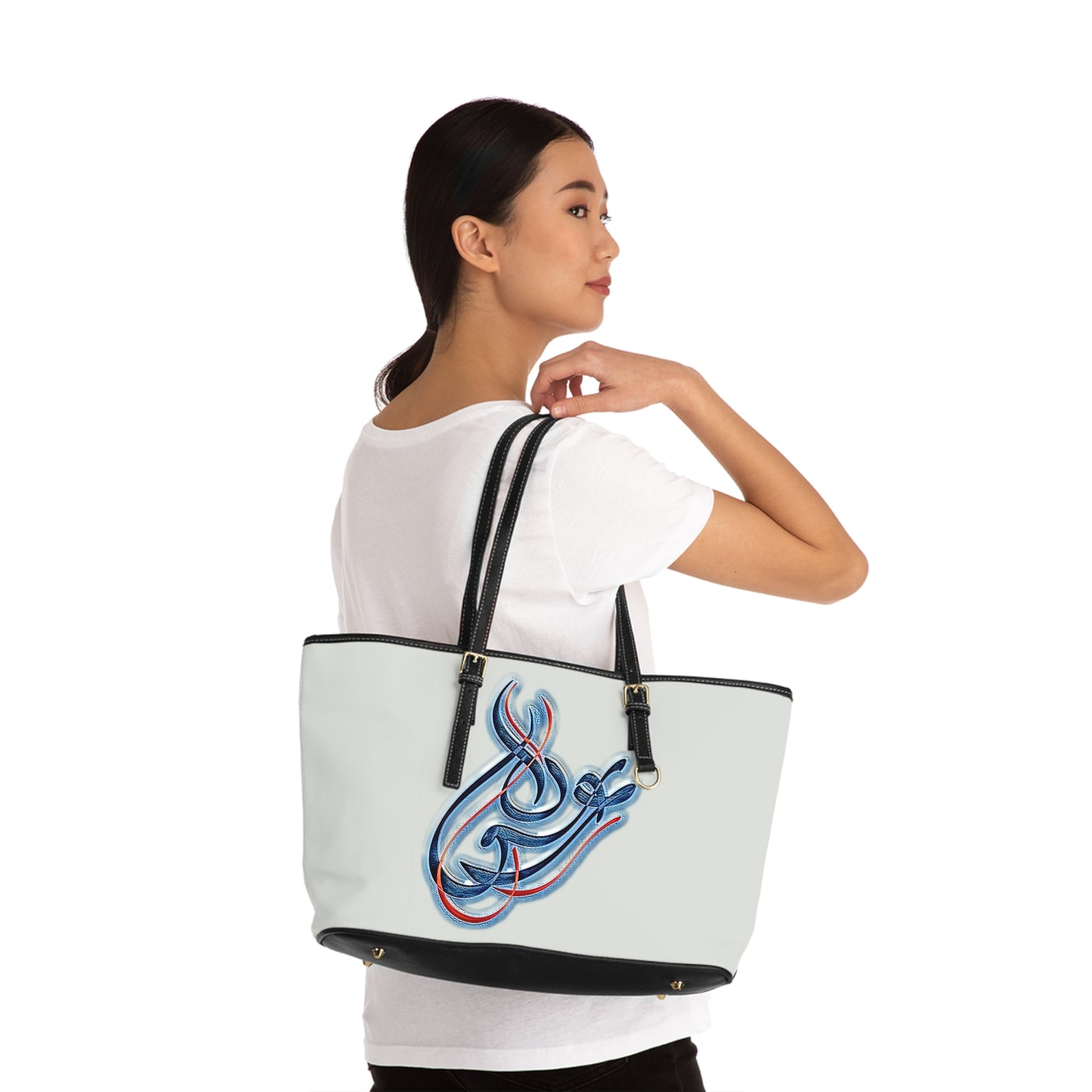 Elegant PU Leather Shoulder Bag with Artistic Calligraphy Design