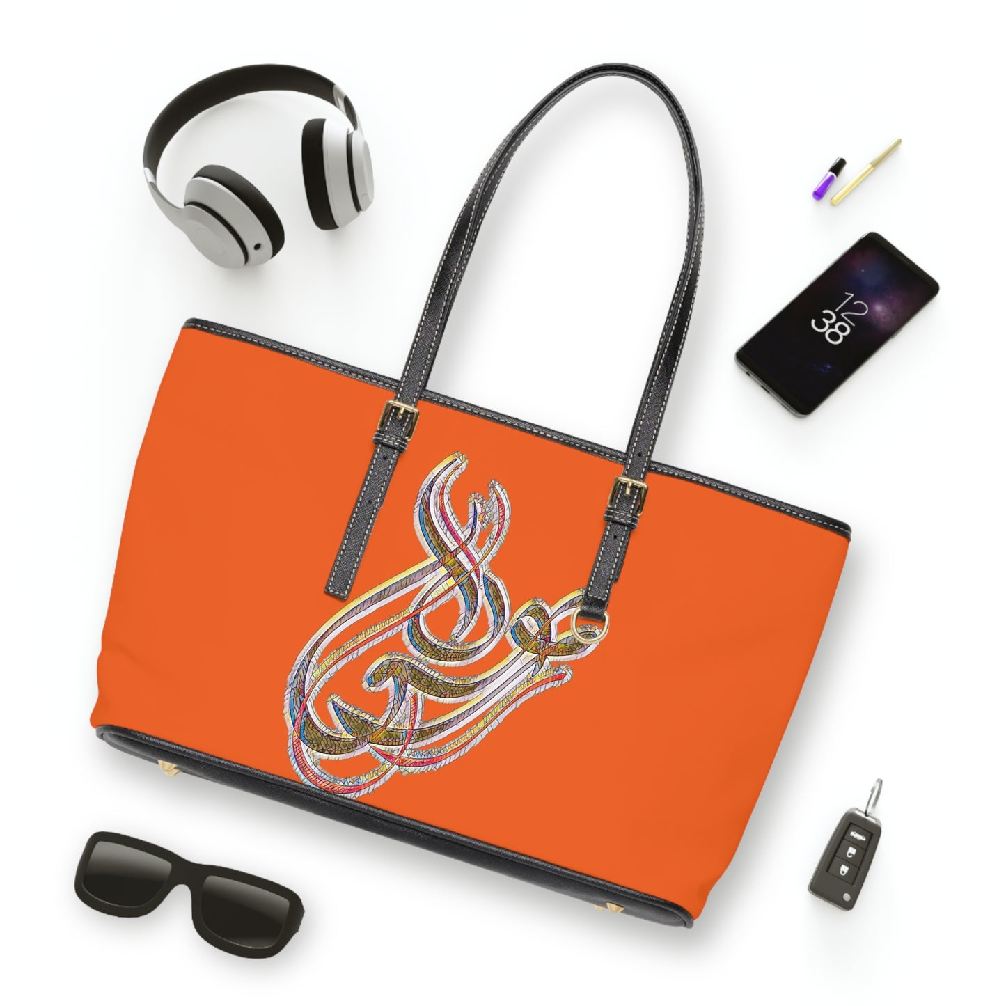 Elegant PU Leather Shoulder Bag with Artistic Calligraphy Design 1