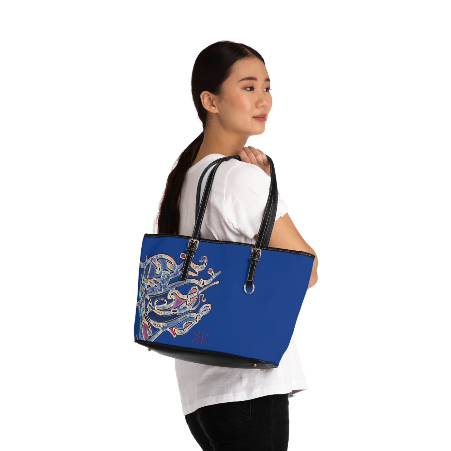 ' Elegant PU Leather Shoulder Bag with Artistic Calligraphy Design