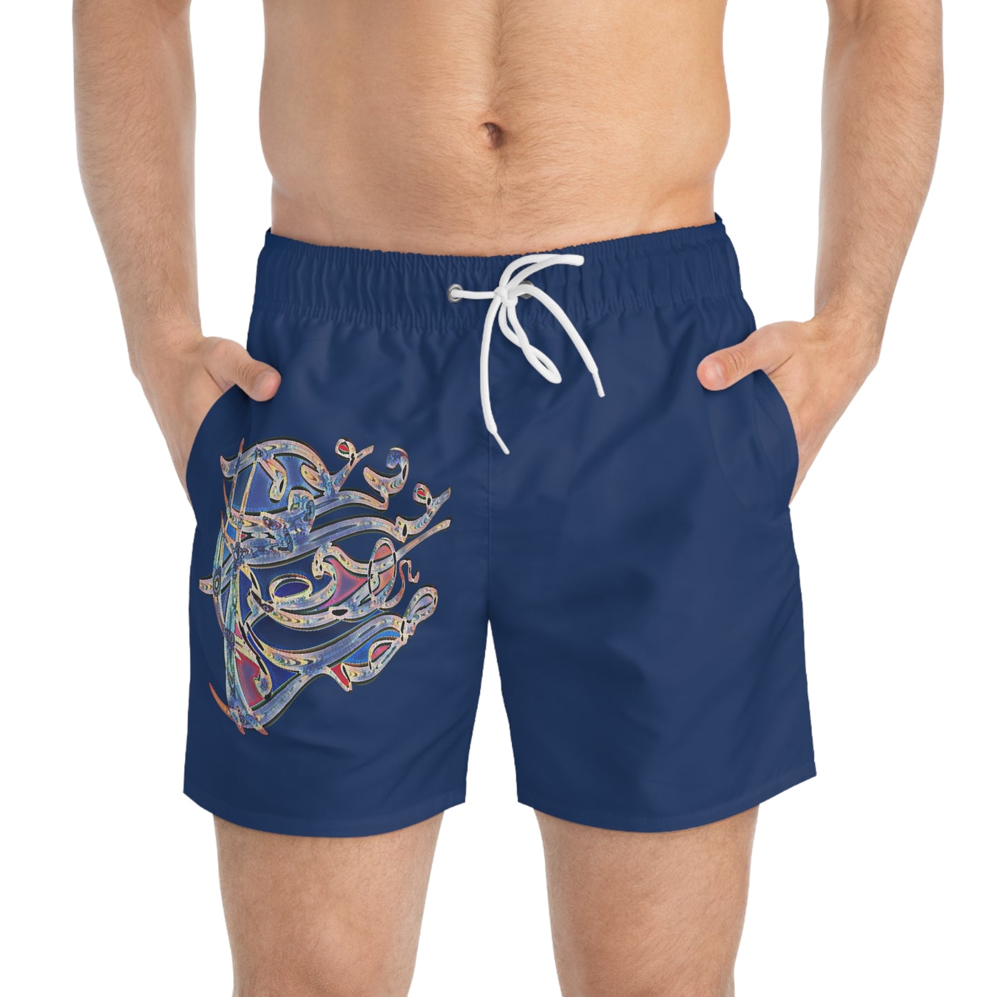 Artistic Swim Trunks - Unique Modern Calligraphy Design for Beach Days.