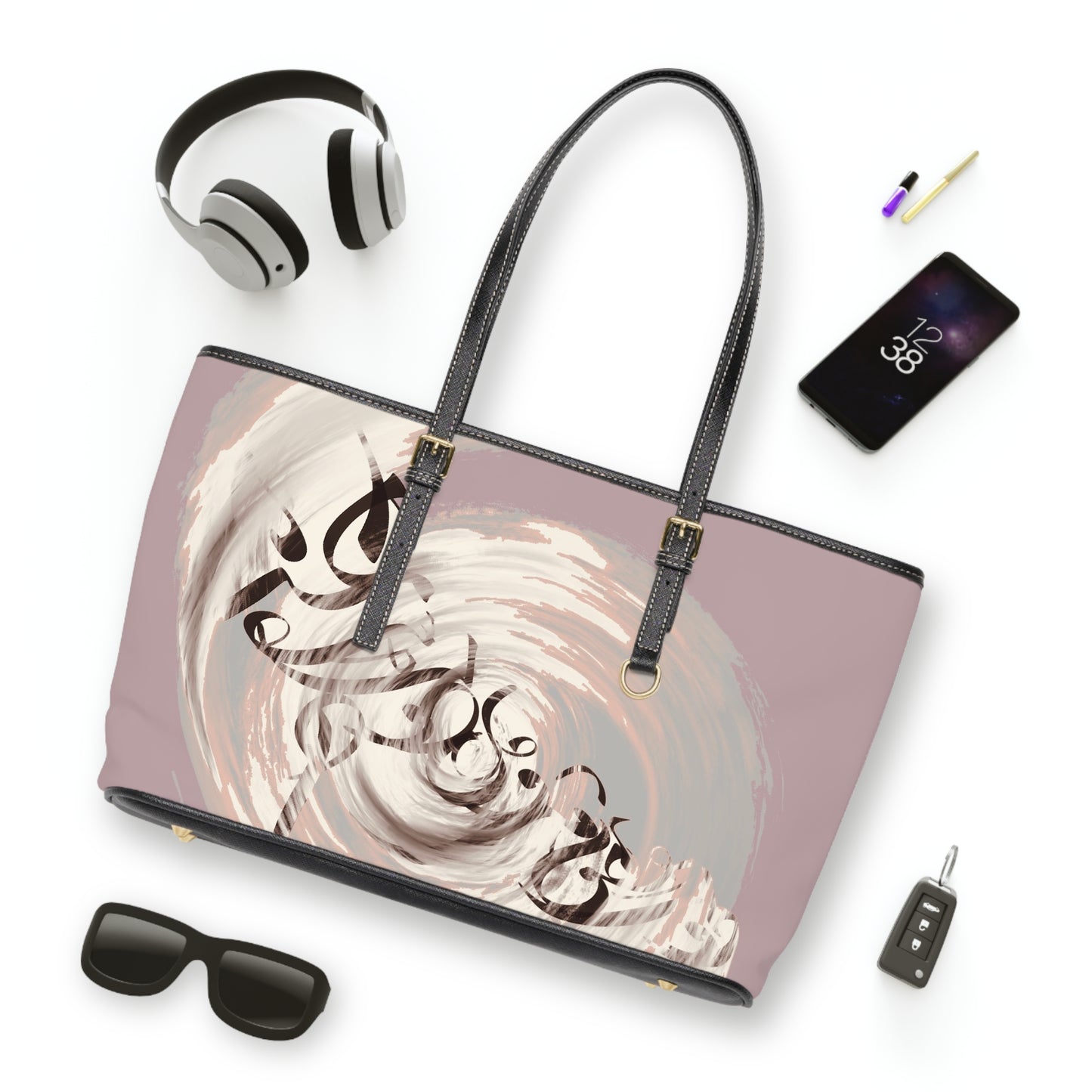 Elegant PU Leather Shoulder Bag with Artistic Calligraphy Design