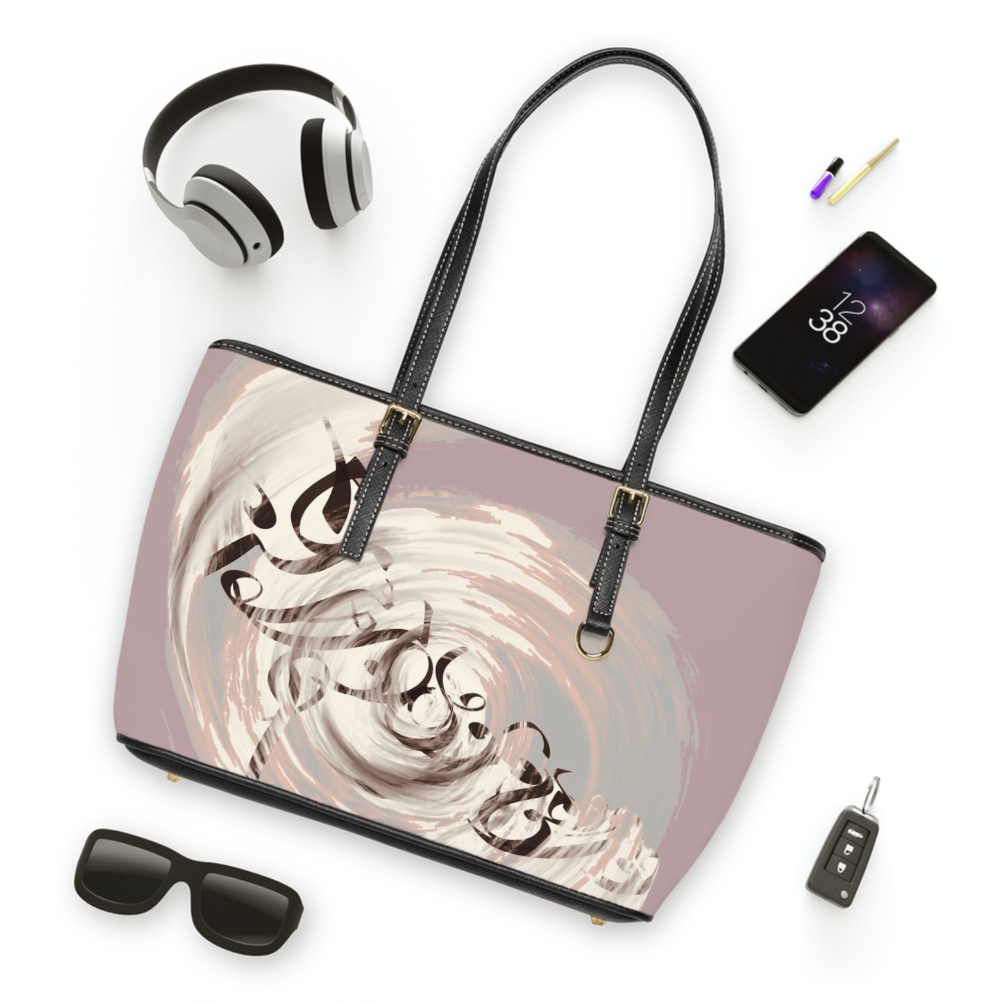 Elegant PU Leather Shoulder Bag with Artistic Calligraphy Design