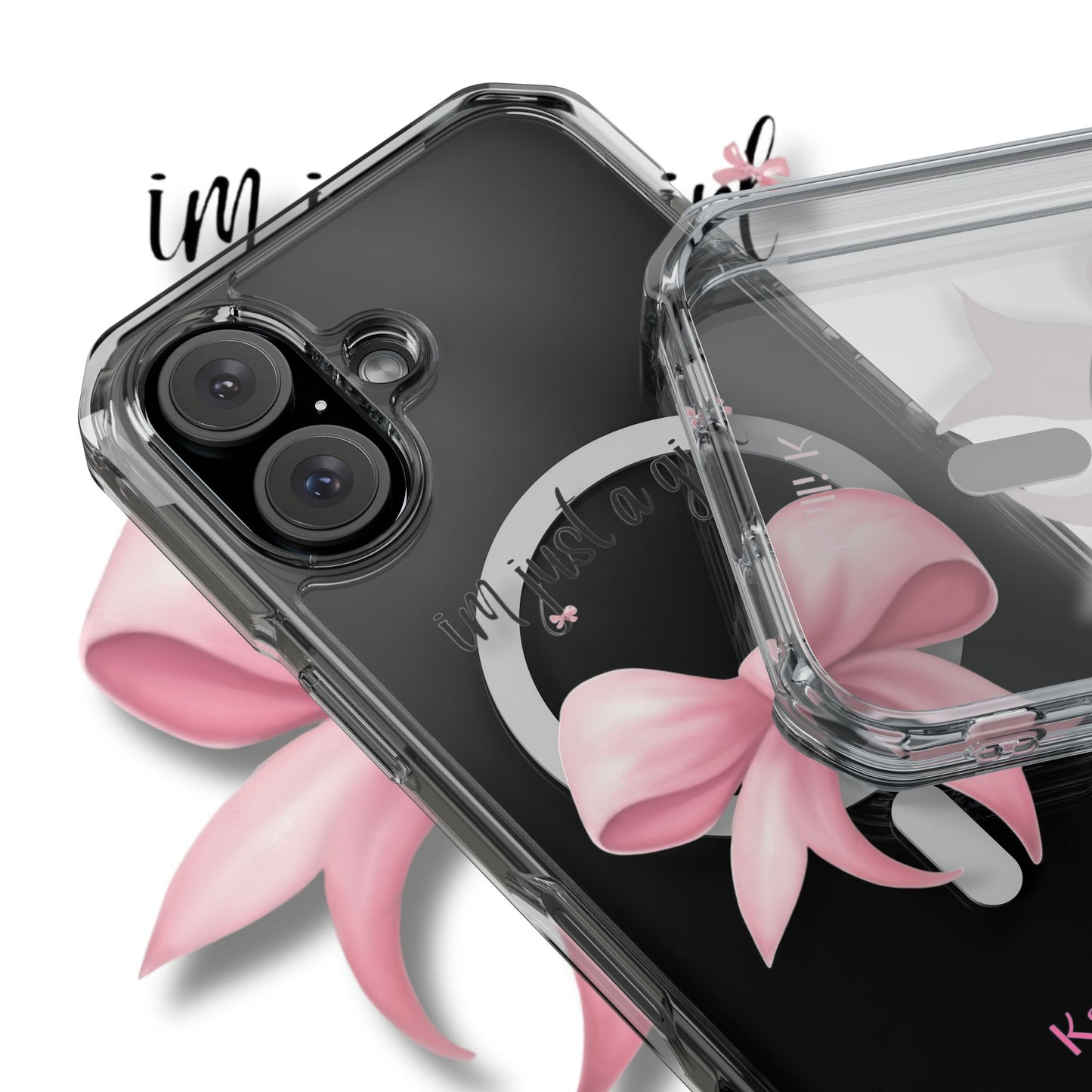 I’m just a girl🎀 Magnetic Clear Impact Cases with Pink Bow Design | Stylish Phone Protection, Gifts for Her, Trendy Accessories, Birthday Gifts, Cute Tech