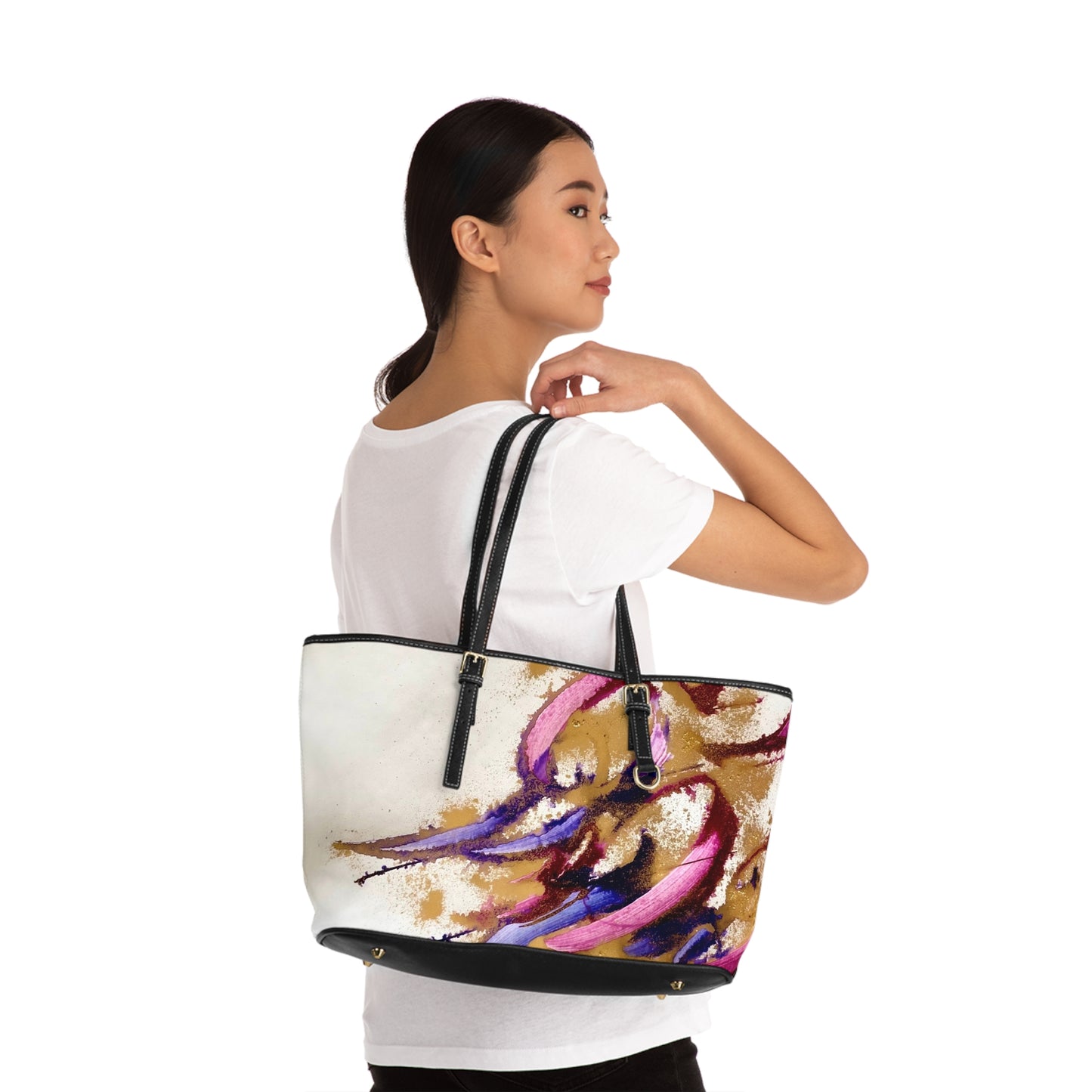 ' Elegant PU Leather Shoulder Bag with Artistic Calligraphy Design
