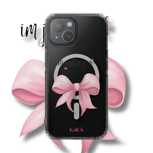 I’m just a girl🎀 Magnetic Clear Impact Cases with Pink Bow Design | Stylish Phone Protection, Gifts for Her, Trendy Accessories, Birthday Gifts, Cute Tech