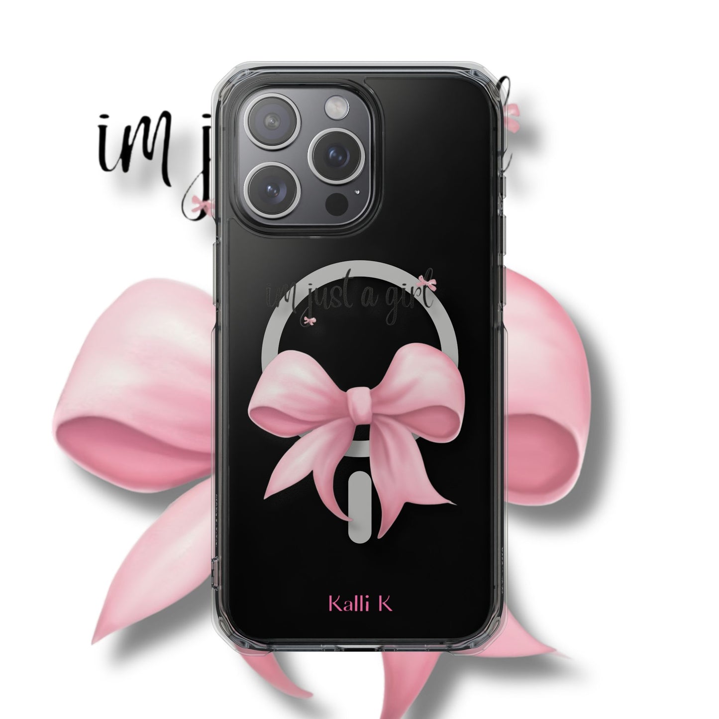 I’m just a girl🎀 Magnetic Clear Impact Cases with Pink Bow Design | Stylish Phone Protection, Gifts for Her, Trendy Accessories, Birthday Gifts, Cute Tech