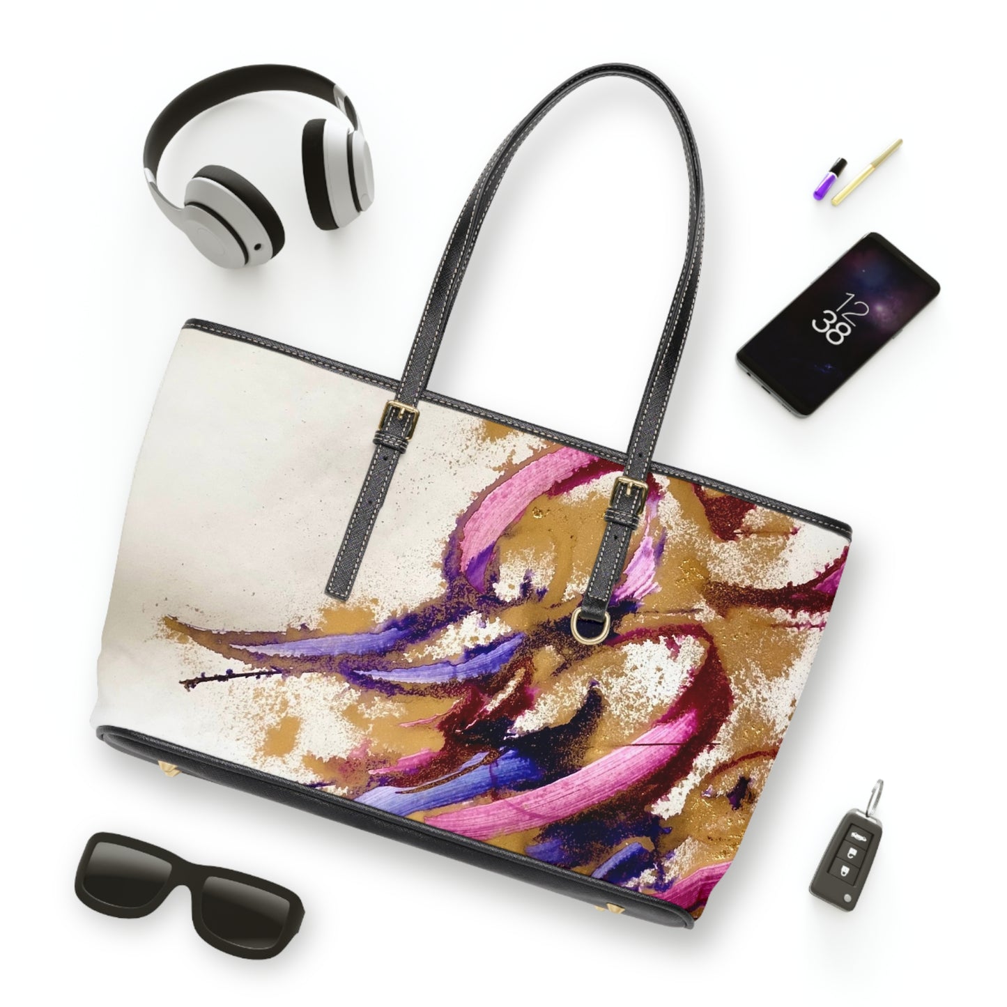 ' Elegant PU Leather Shoulder Bag with Artistic Calligraphy Design
