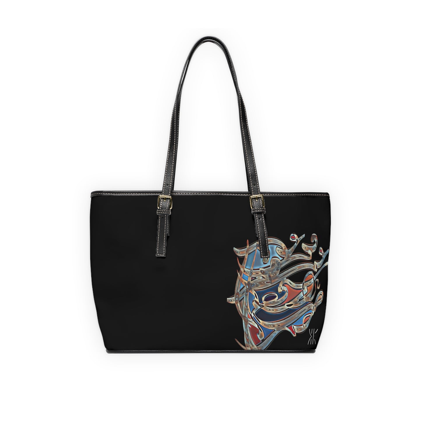 ' Elegant PU Leather Shoulder Bag with Artistic Calligraphy Design