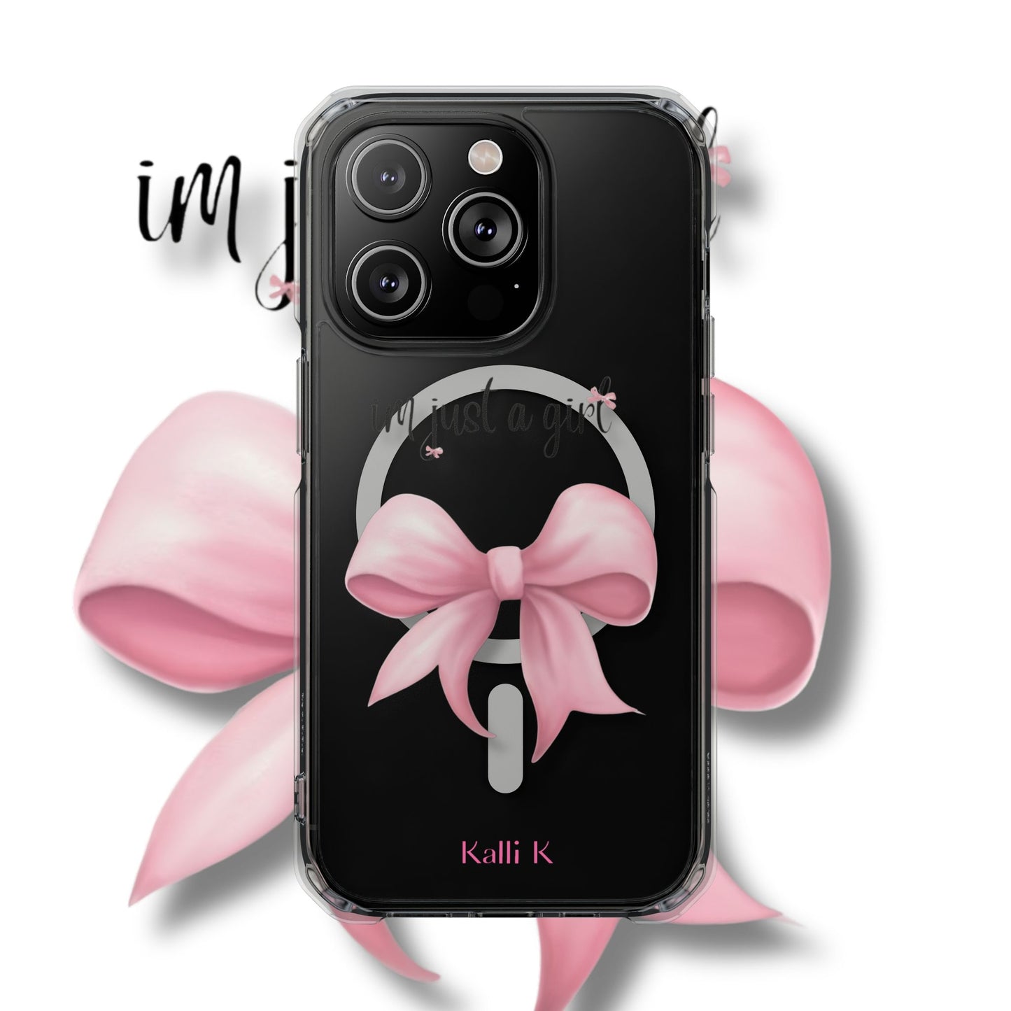 I’m just a girl🎀 Magnetic Clear Impact Cases with Pink Bow Design | Stylish Phone Protection, Gifts for Her, Trendy Accessories, Birthday Gifts, Cute Tech