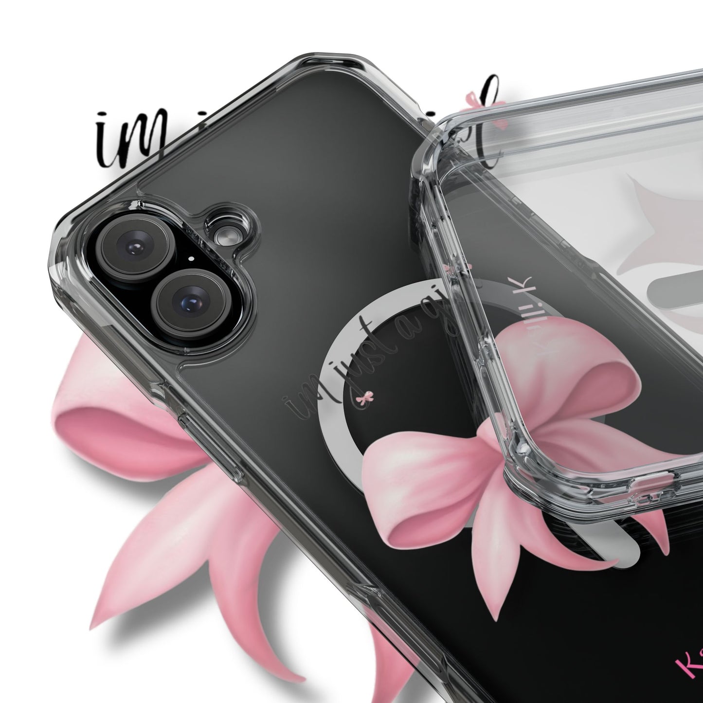I’m just a girl🎀 Magnetic Clear Impact Cases with Pink Bow Design | Stylish Phone Protection, Gifts for Her, Trendy Accessories, Birthday Gifts, Cute Tech
