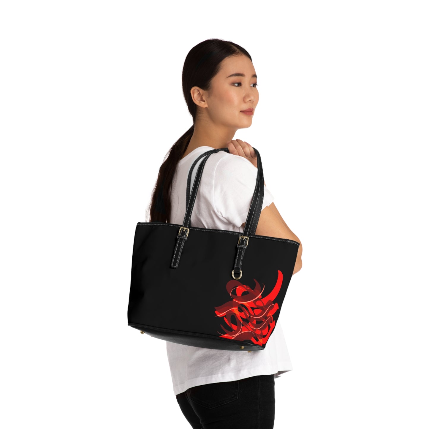 Elegant PU Leather Purse with Artistic Calligraphy Design red and black