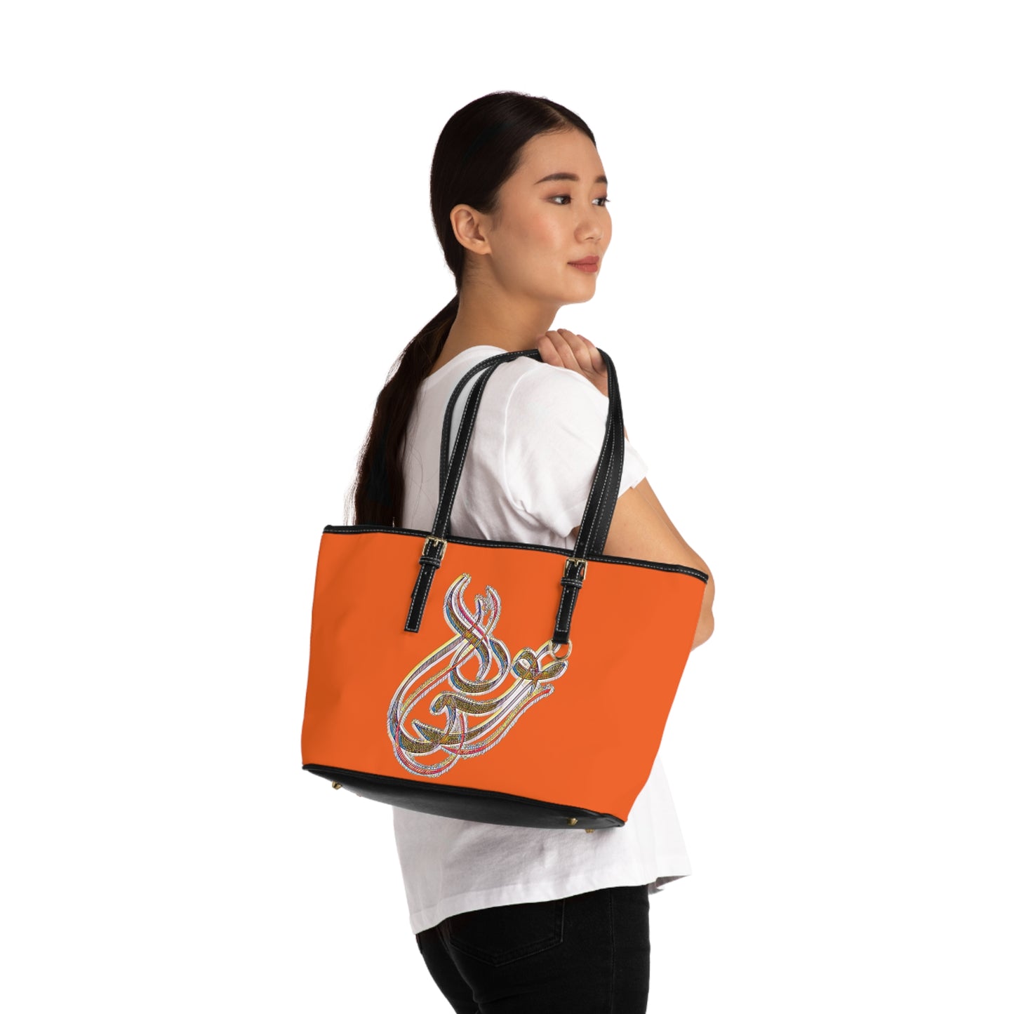 Elegant PU Leather Shoulder Bag with Artistic Calligraphy Design 1