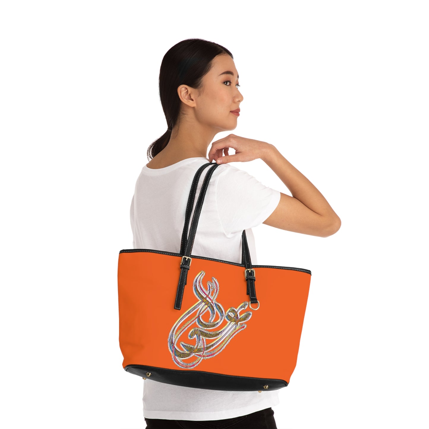 Elegant PU Leather Shoulder Bag with Artistic Calligraphy Design 1