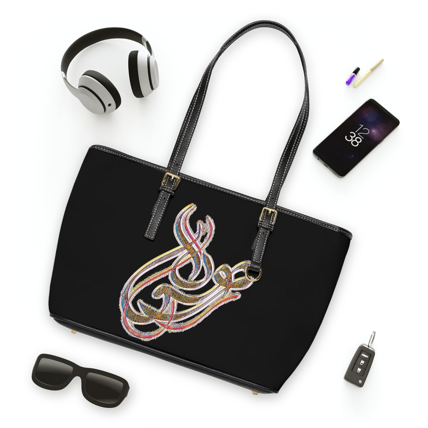 Elegant PU Leather Shoulder Bag with Artistic Calligraphy Design 1