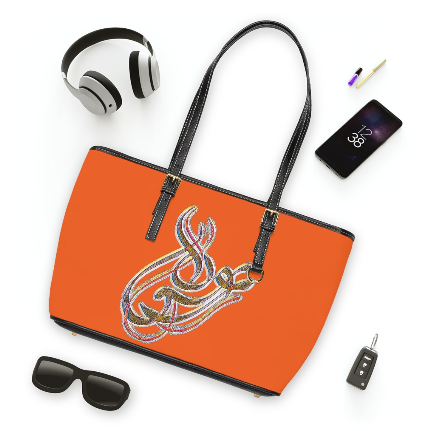 Elegant PU Leather Shoulder Bag with Artistic Calligraphy Design 1