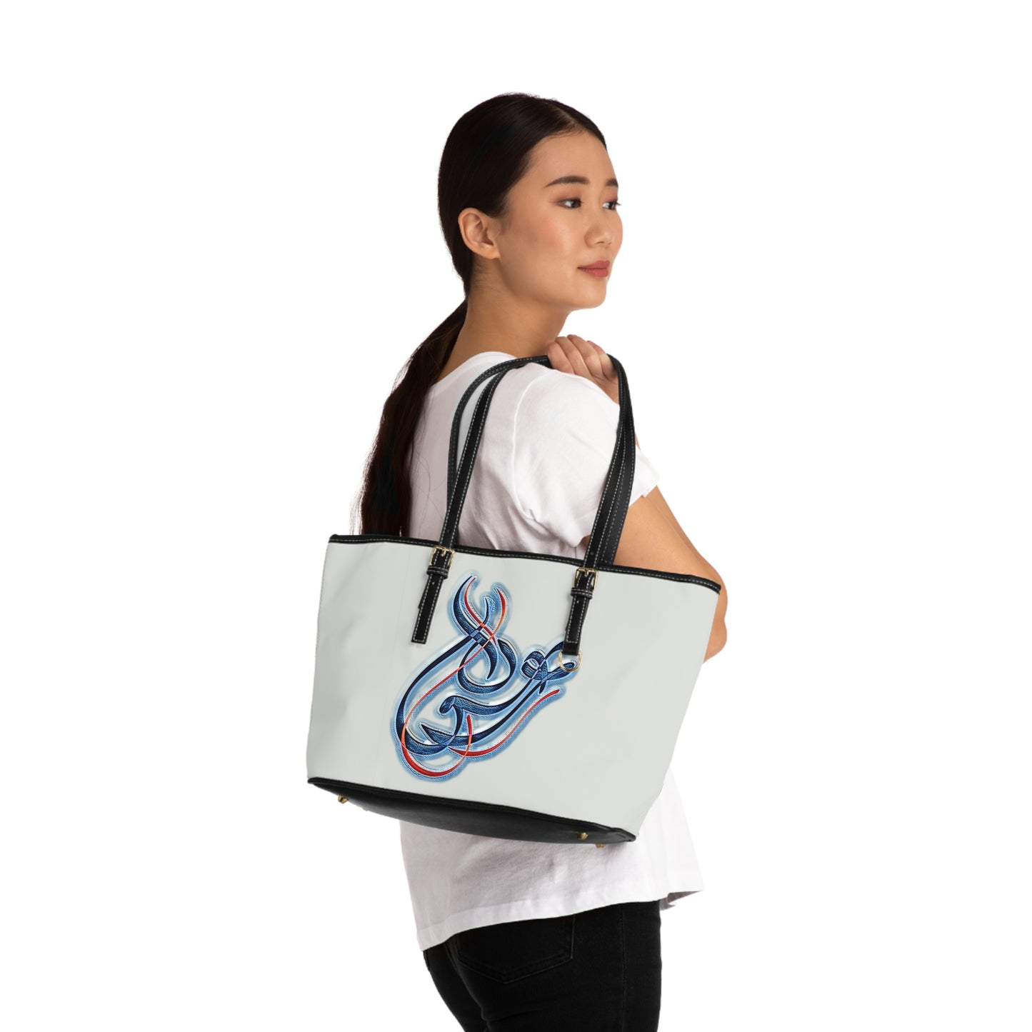 Elegant PU Leather Shoulder Bag with Artistic Calligraphy Design