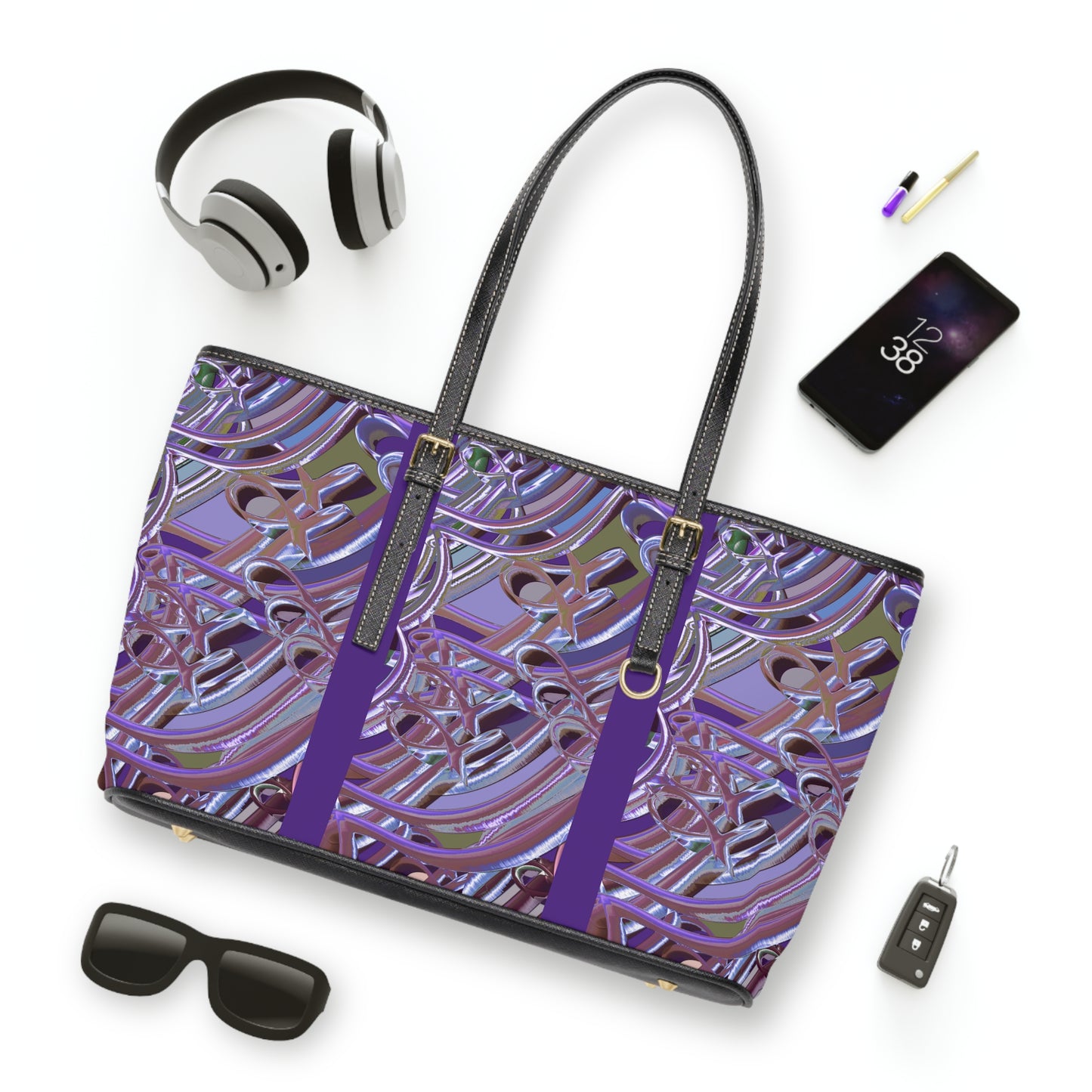 Elegant PU Leather Shoulder Bag with Artistic Calligraphy Design