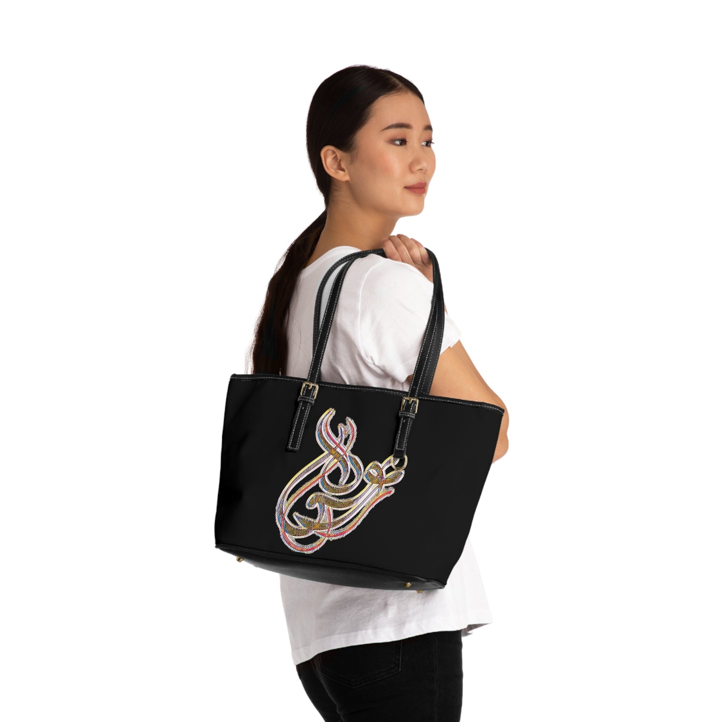 Elegant PU Leather Shoulder Bag with Artistic Calligraphy Design 1