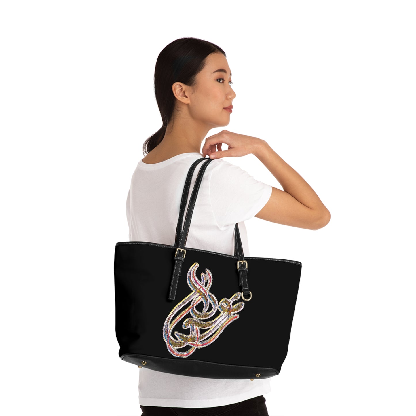 Elegant PU Leather Shoulder Bag with Artistic Calligraphy Design 1
