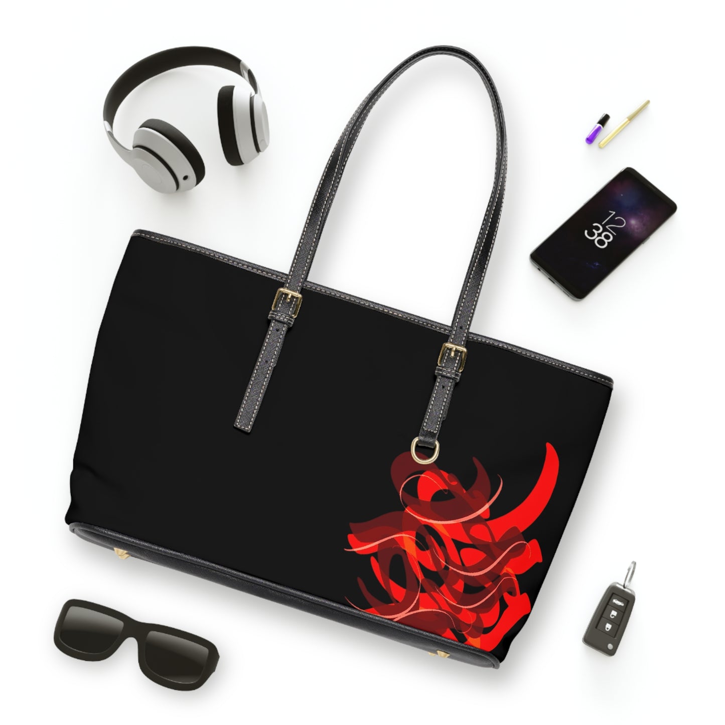 Elegant PU Leather Purse with Artistic Calligraphy Design red and black