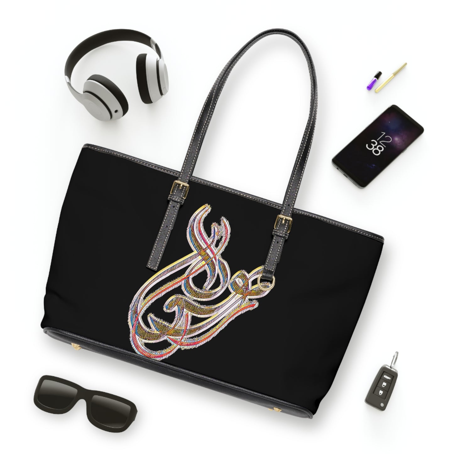Elegant PU Leather Shoulder Bag with Artistic Calligraphy Design 1