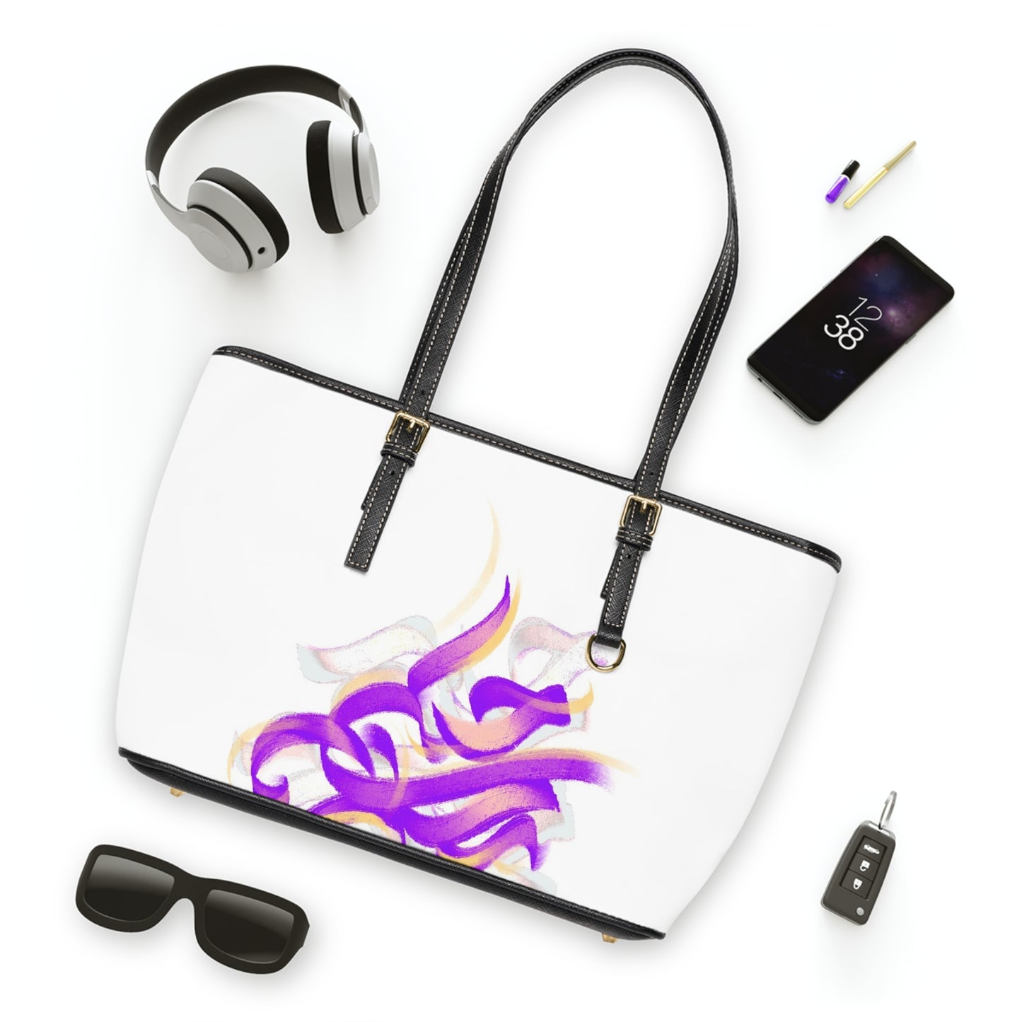 .  Elegant PU Leather Shoulder Bag with Artistic Calligraphy Design