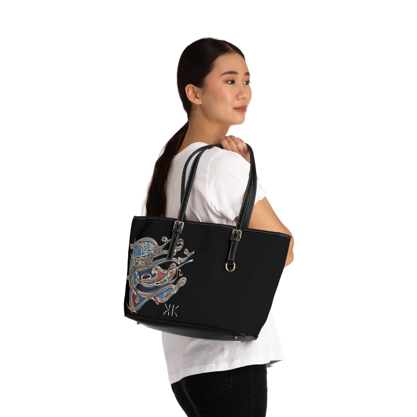'  Elegant PU Leather Shoulder Bag with Artistic Calligraphy Design