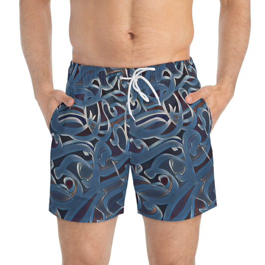 Artistic Swim Trunks - Unique Blue Wave Design for Beach Days