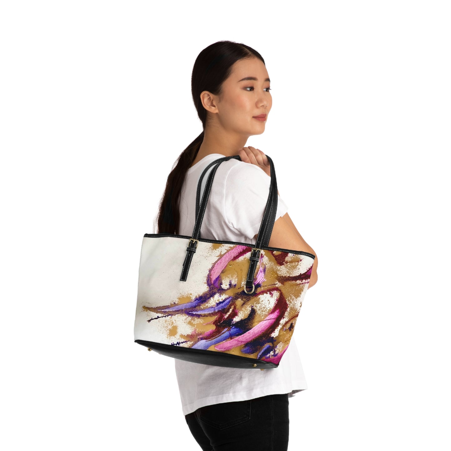 '  Elegant PU Leather Shoulder Bag with Artistic Calligraphy Design