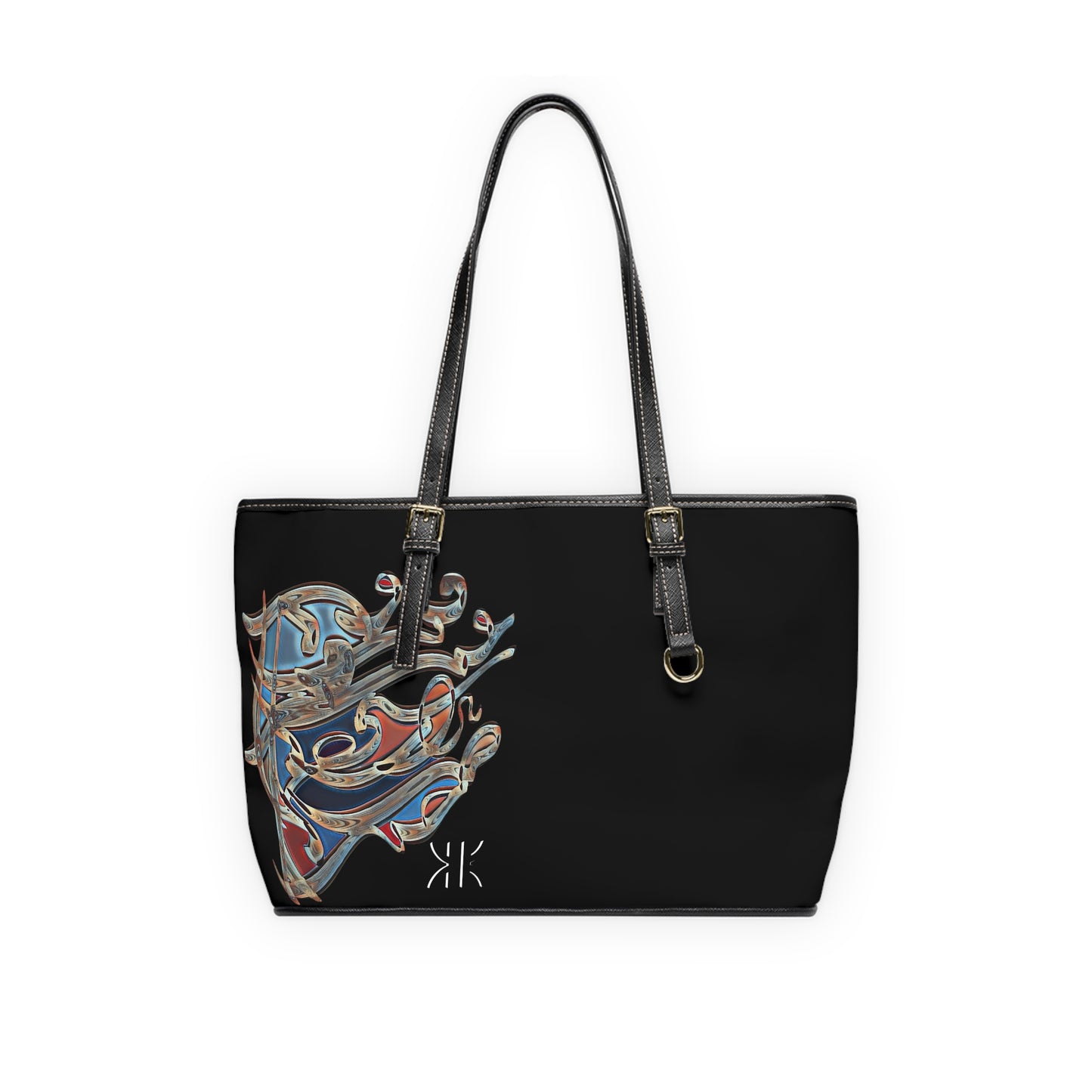 '  Elegant PU Leather Shoulder Bag with Artistic Calligraphy Design