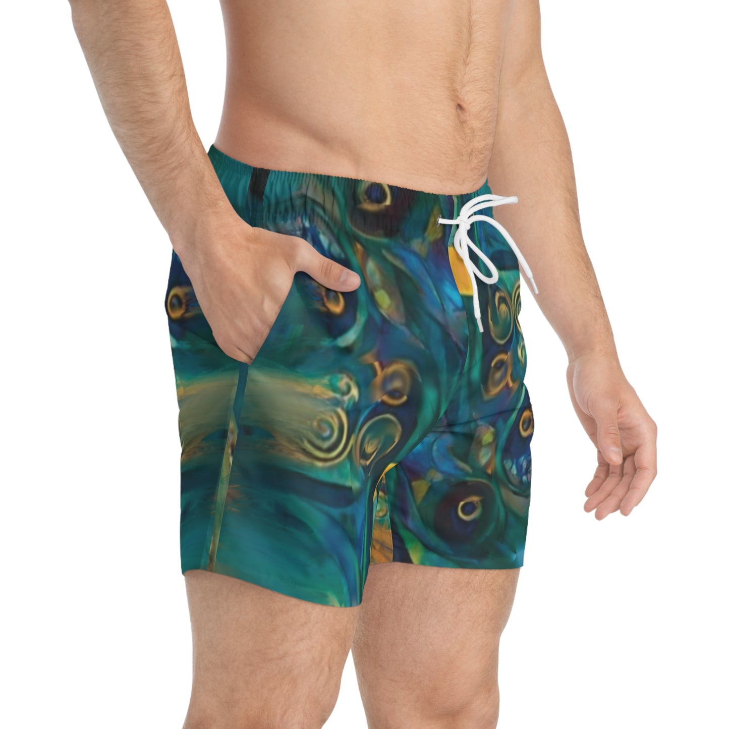 Artistic Swim Trunks - Unique Blue Wave Design for Beach Days.