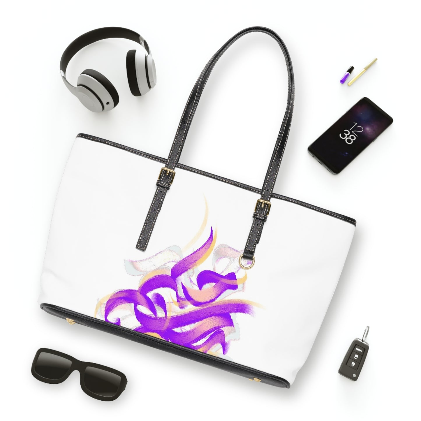.  Elegant PU Leather Shoulder Bag with Artistic Calligraphy Design