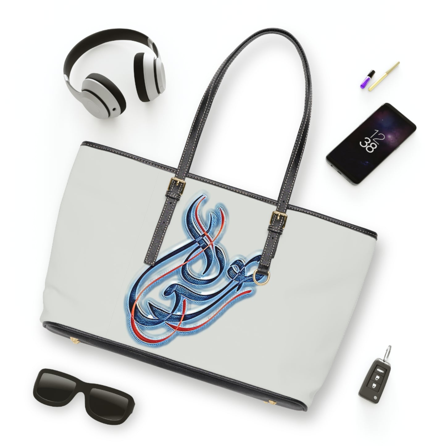 Elegant PU Leather Shoulder Bag with Artistic Calligraphy Design