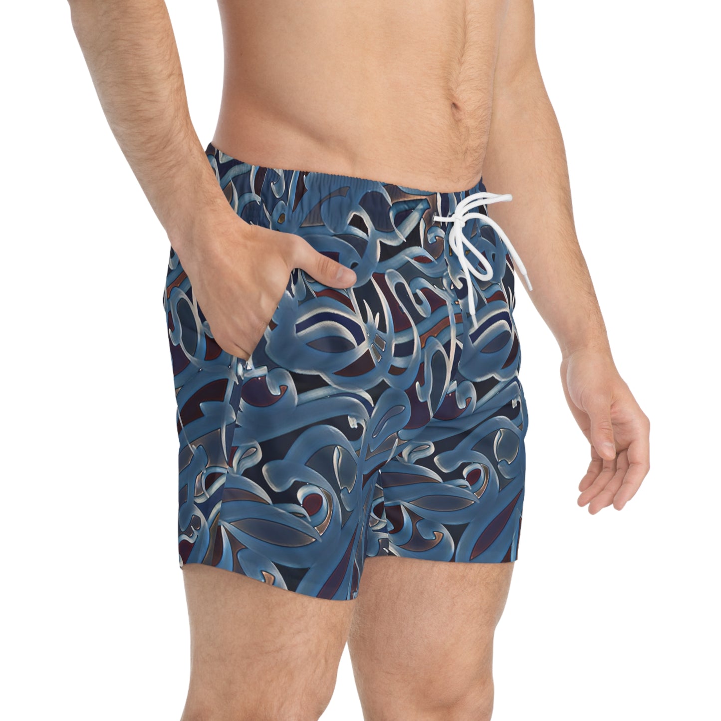 Artistic Swim Trunks - Unique Blue Wave Design for Beach Days