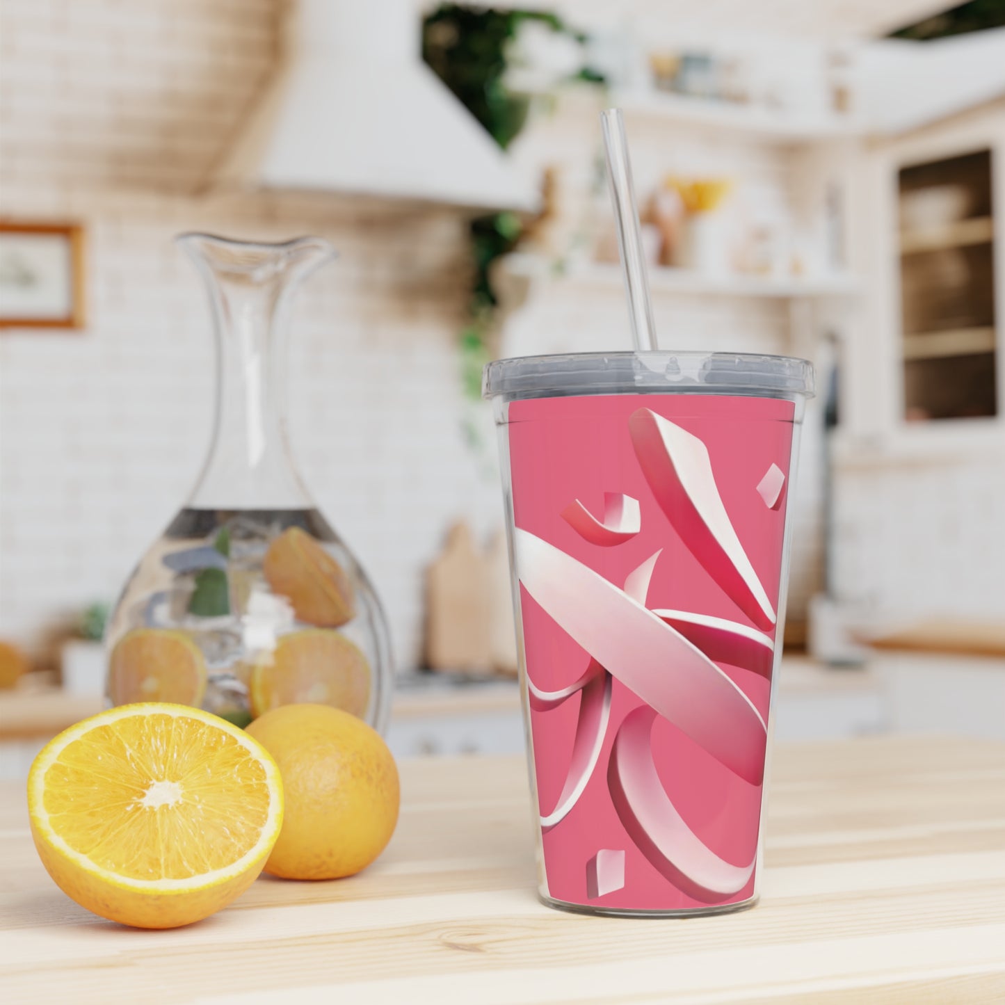 Pink Ribbon Plastic Tumbler with Straw