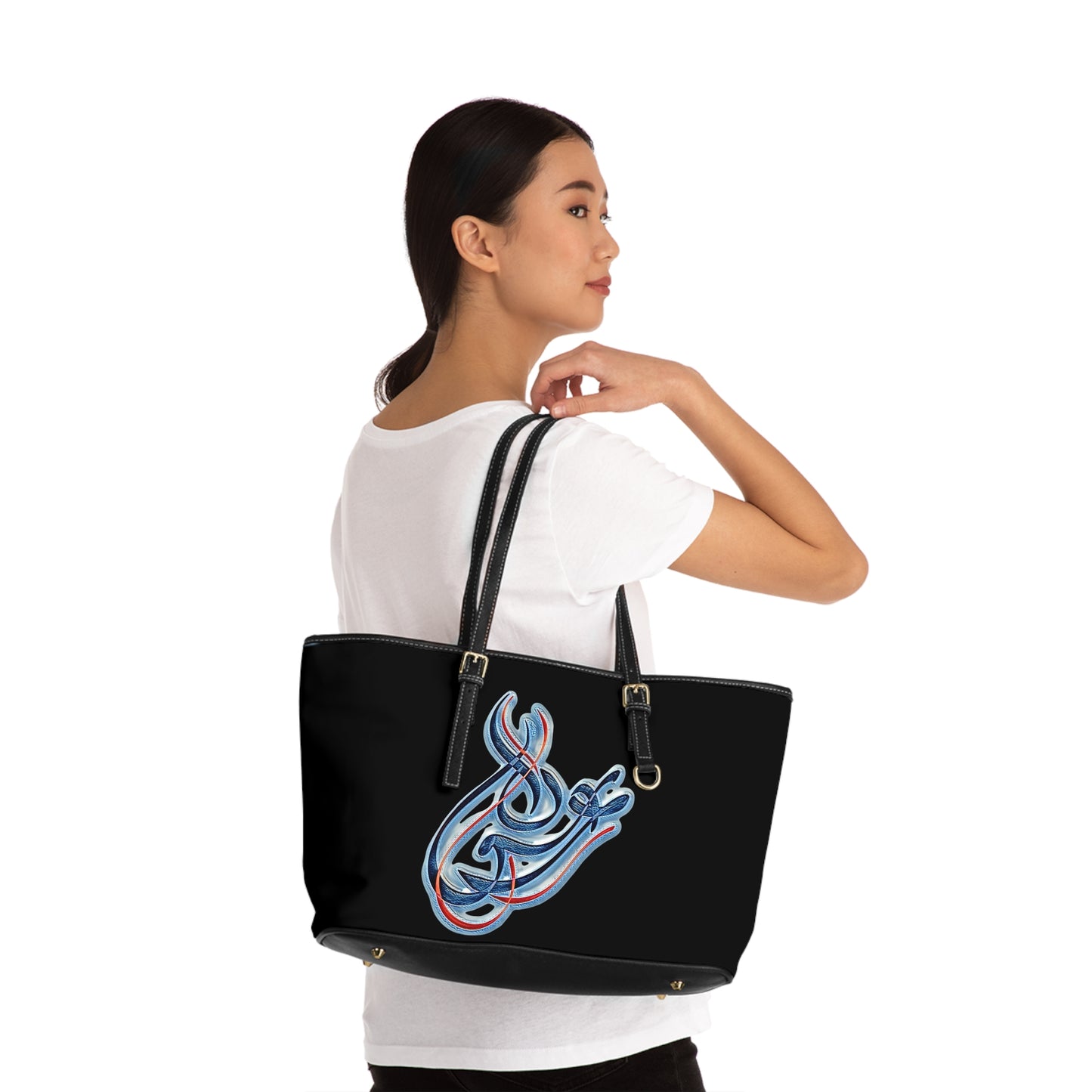 Elegant PU Leather Shoulder Bag with Artistic Calligraphy Design