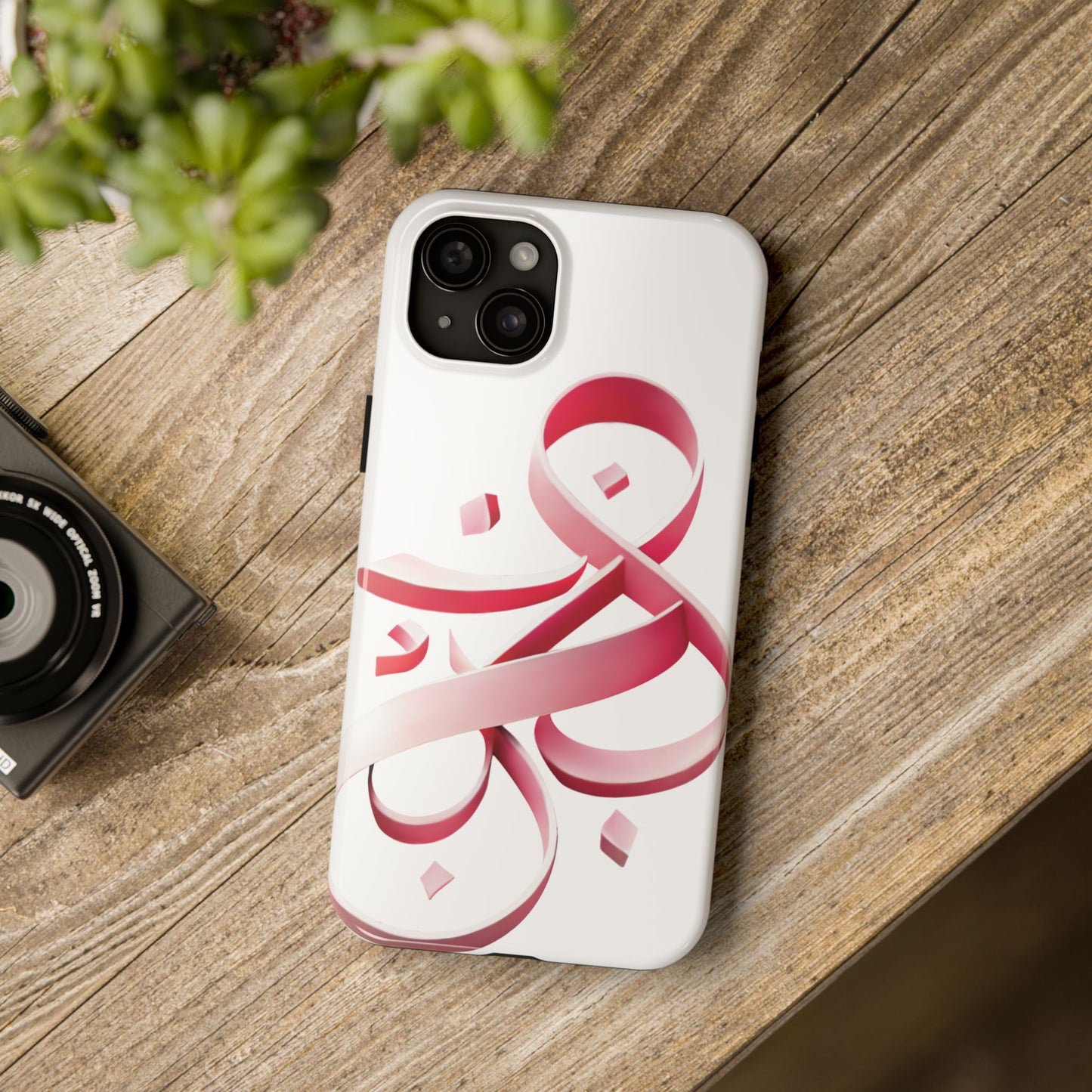 Phone Case - Persian Calligraphy Inspired Pink Ribbon Design, Unique and Elegant Gift