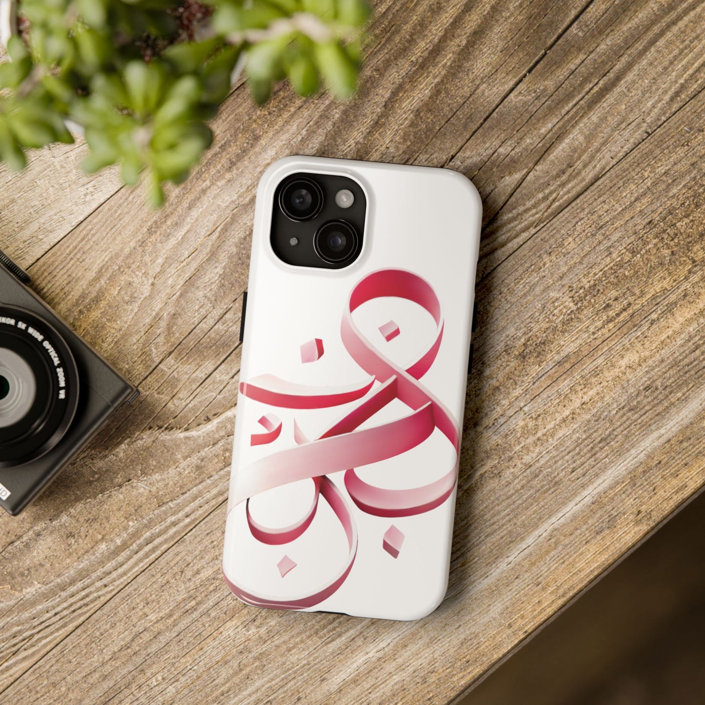 Phone Case - Persian Calligraphy Inspired Pink Ribbon Design, Unique and Elegant Gift