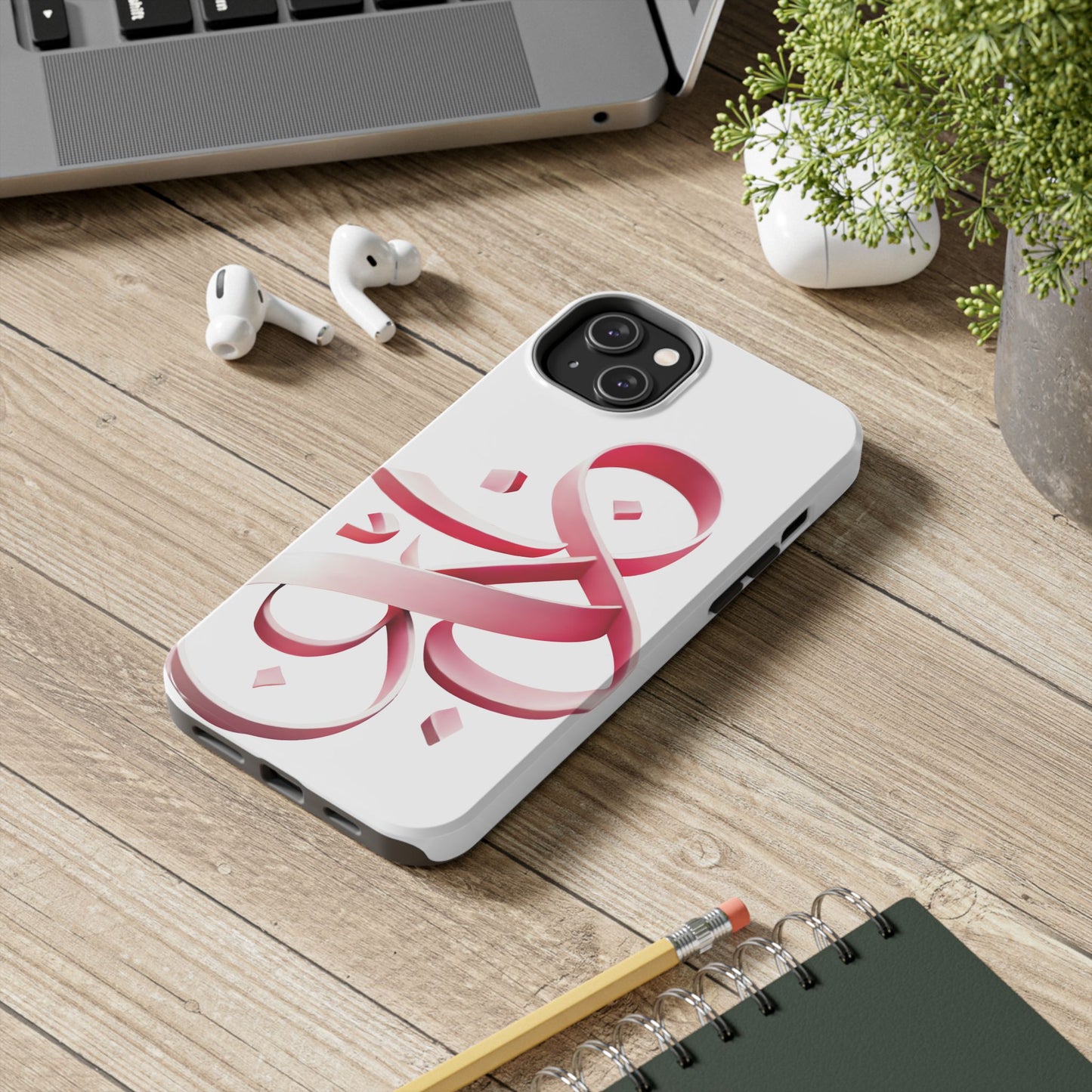 Phone Case - Persian Calligraphy Inspired Pink Ribbon Design, Unique and Elegant Gift