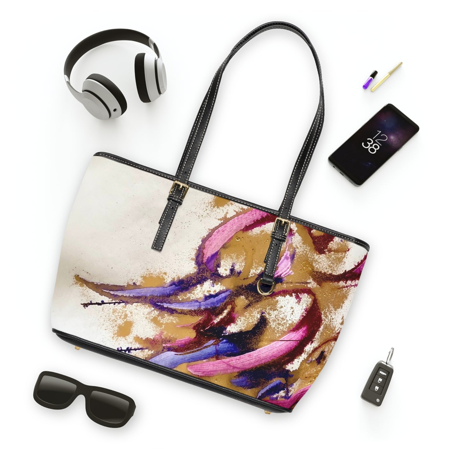 '  Elegant PU Leather Shoulder Bag with Artistic Calligraphy Design
