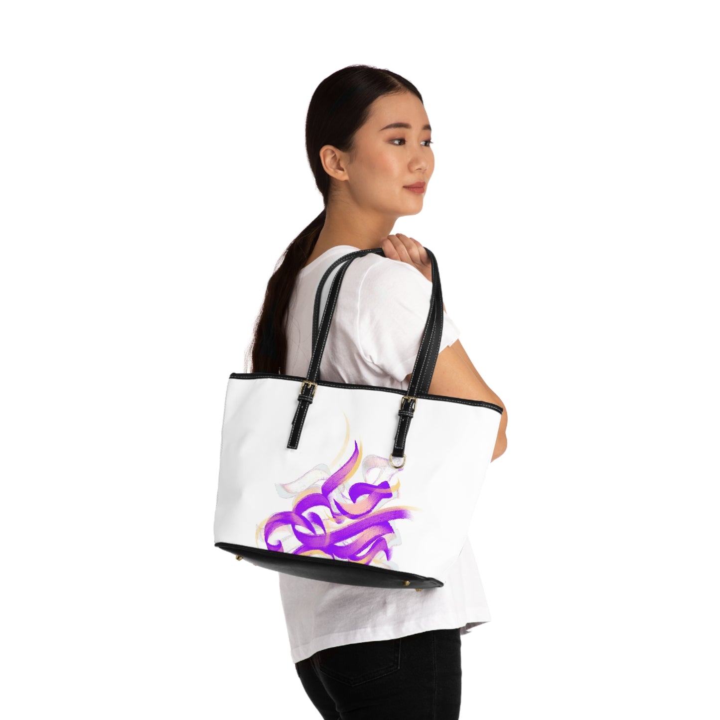 .  Elegant PU Leather Shoulder Bag with Artistic Calligraphy Design