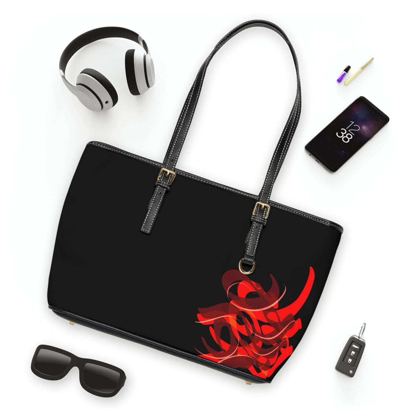 Elegant PU Leather Purse with Artistic Calligraphy Design red and black