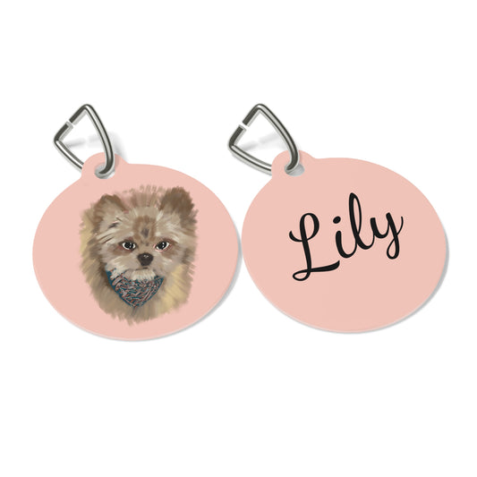 Personalized Pet Tag with Cute Dog Illustration – Custom Name Dog ID Tag in Pink