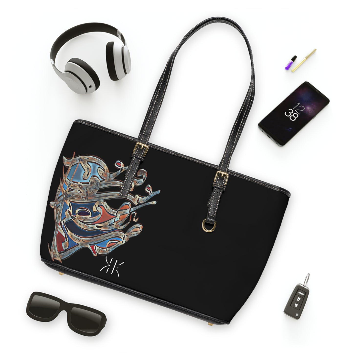 '  Elegant PU Leather Shoulder Bag with Artistic Calligraphy Design
