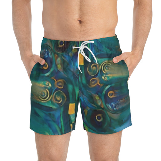 Artistic Swim Trunks - Unique Blue Wave Design for Beach Days.